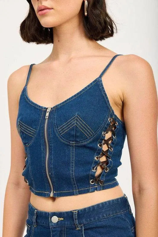Emory Park Zip Up Denim Corset Top