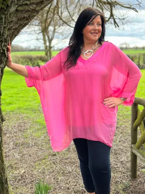 Fuchsia V Neck Silk Top