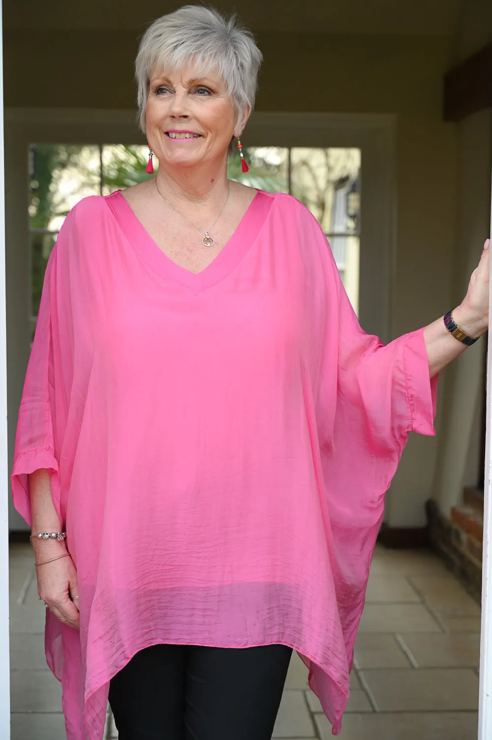 Fuchsia V Neck Silk Top