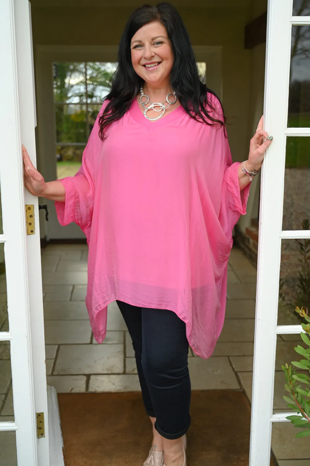 Fuchsia V Neck Silk Top