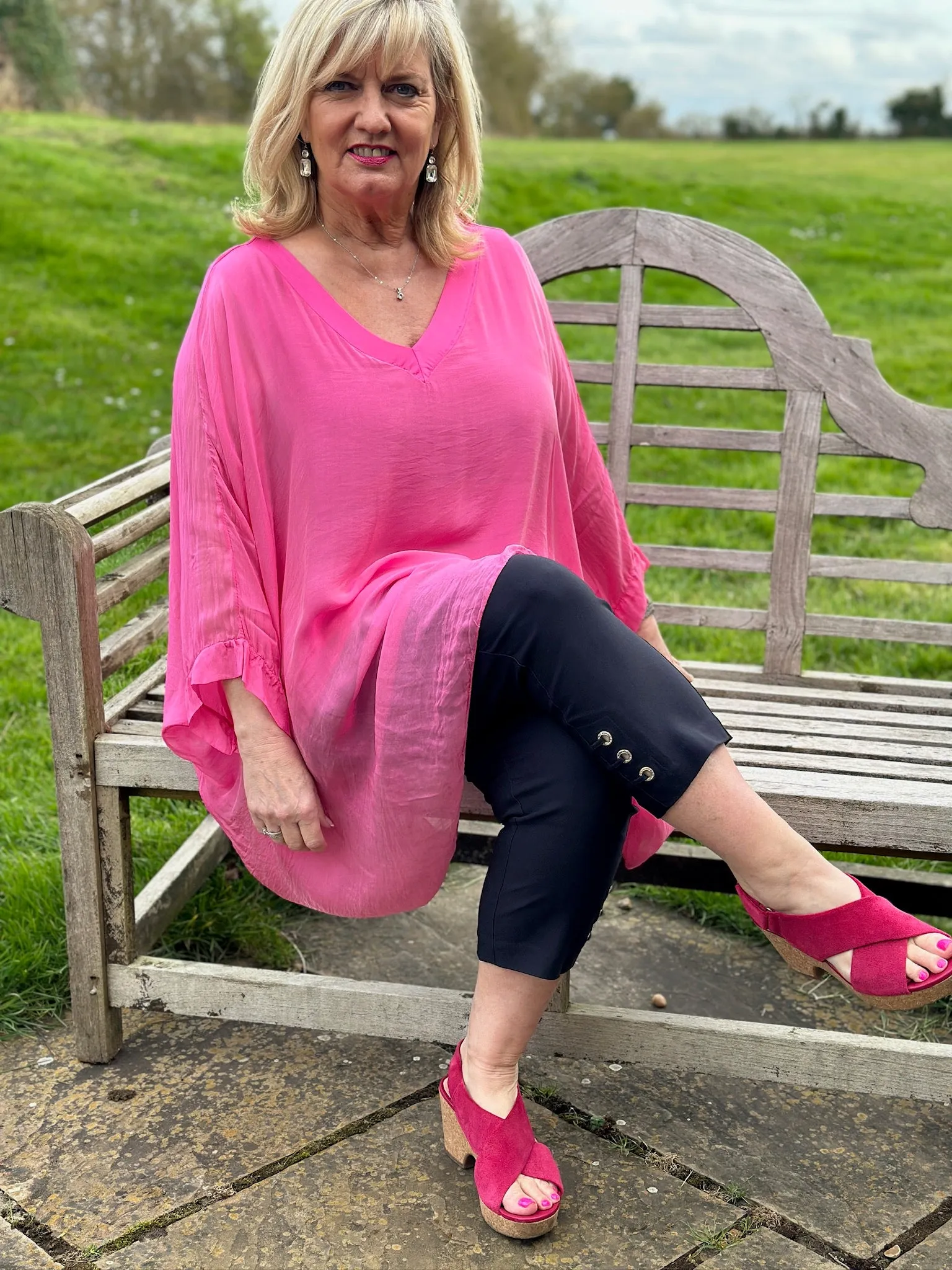 Fuchsia V Neck Silk Top