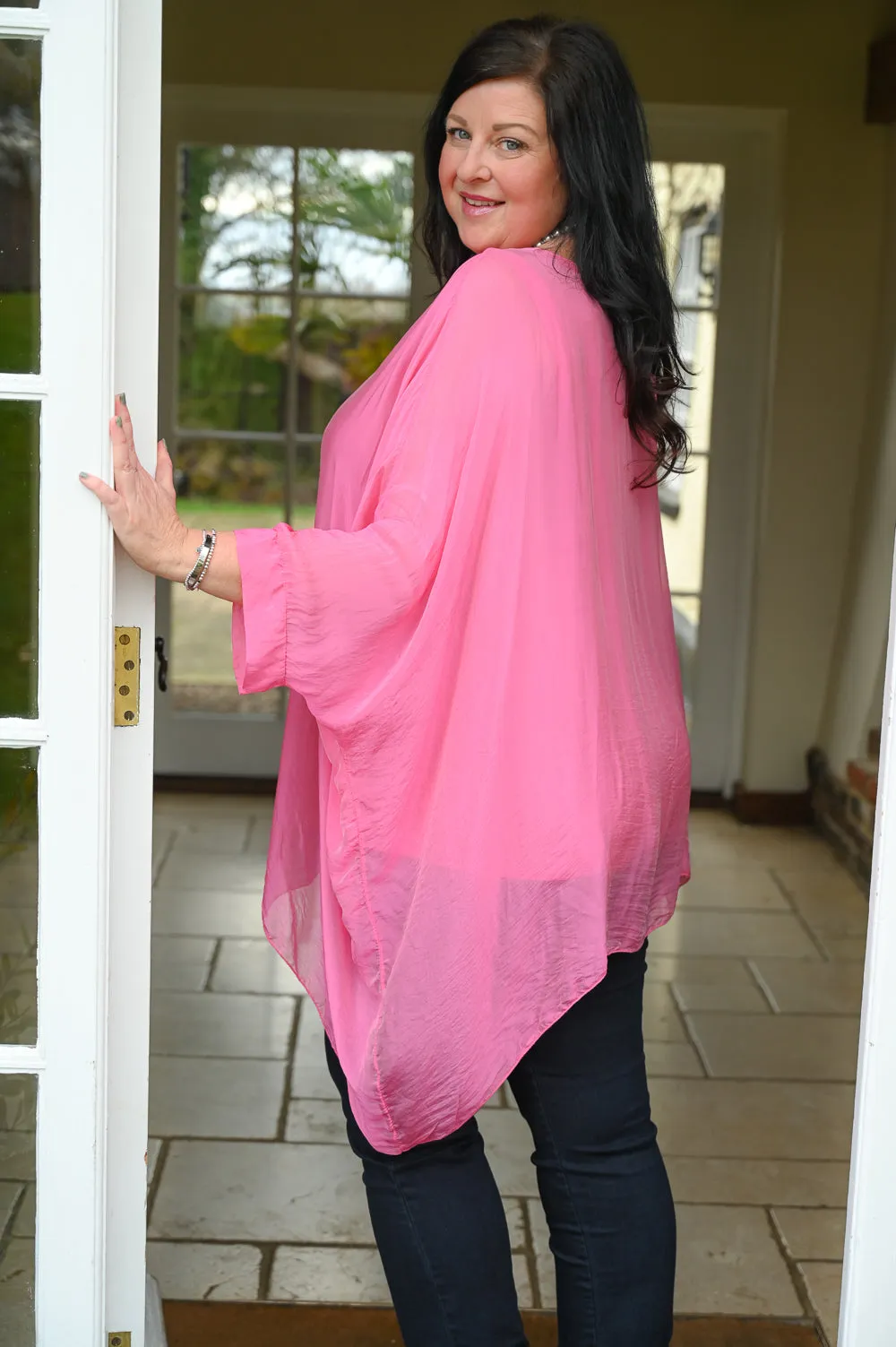 Fuchsia V Neck Silk Top