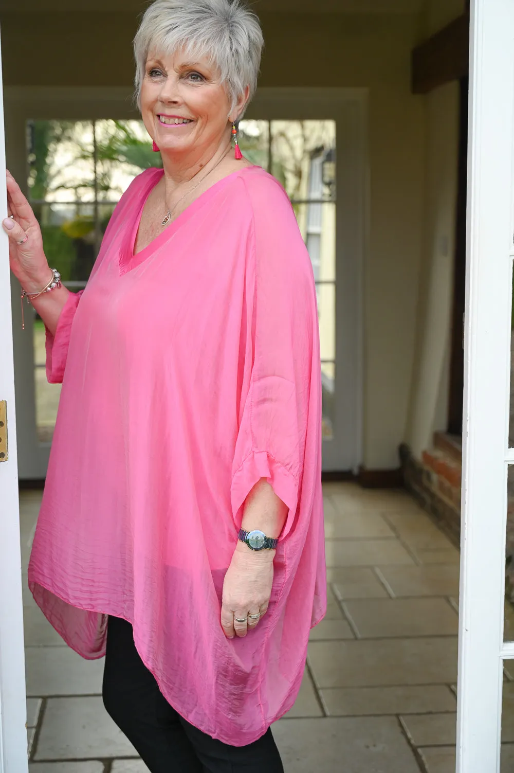 Fuchsia V Neck Silk Top