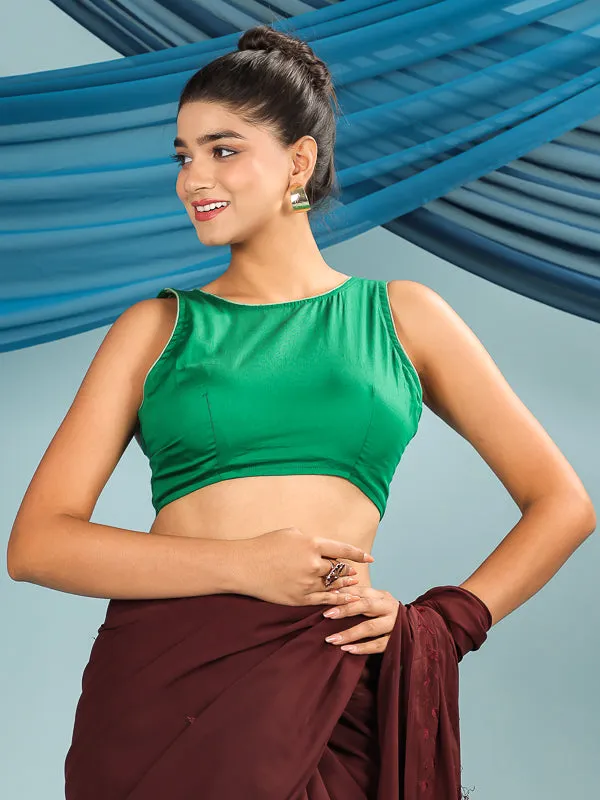 Green Dual Tone Halter Neck Embroidered Padded Blouse