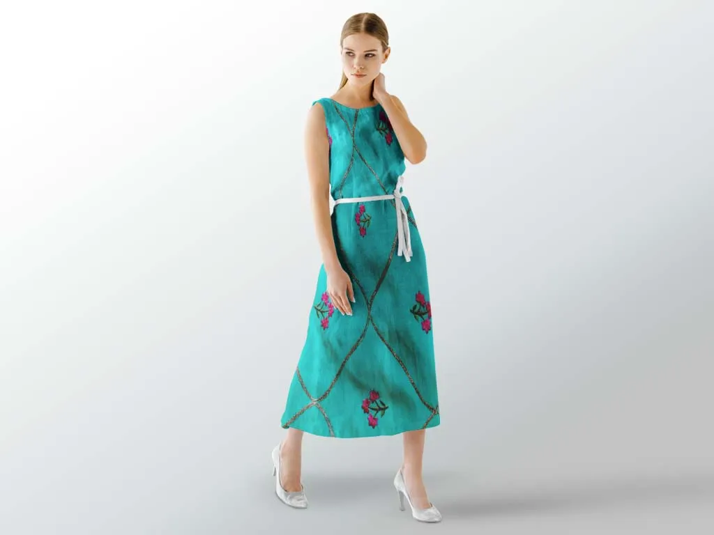 Green Floral Geometric Embroidered Zorba Silk Fabric