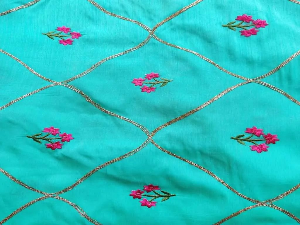 Green Floral Geometric Embroidered Zorba Silk Fabric