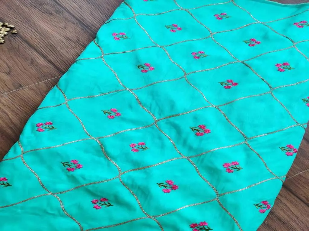 Green Floral Geometric Embroidered Zorba Silk Fabric