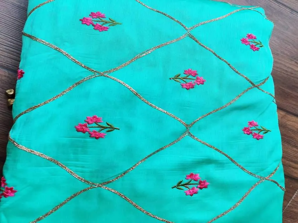 Green Floral Geometric Embroidered Zorba Silk Fabric