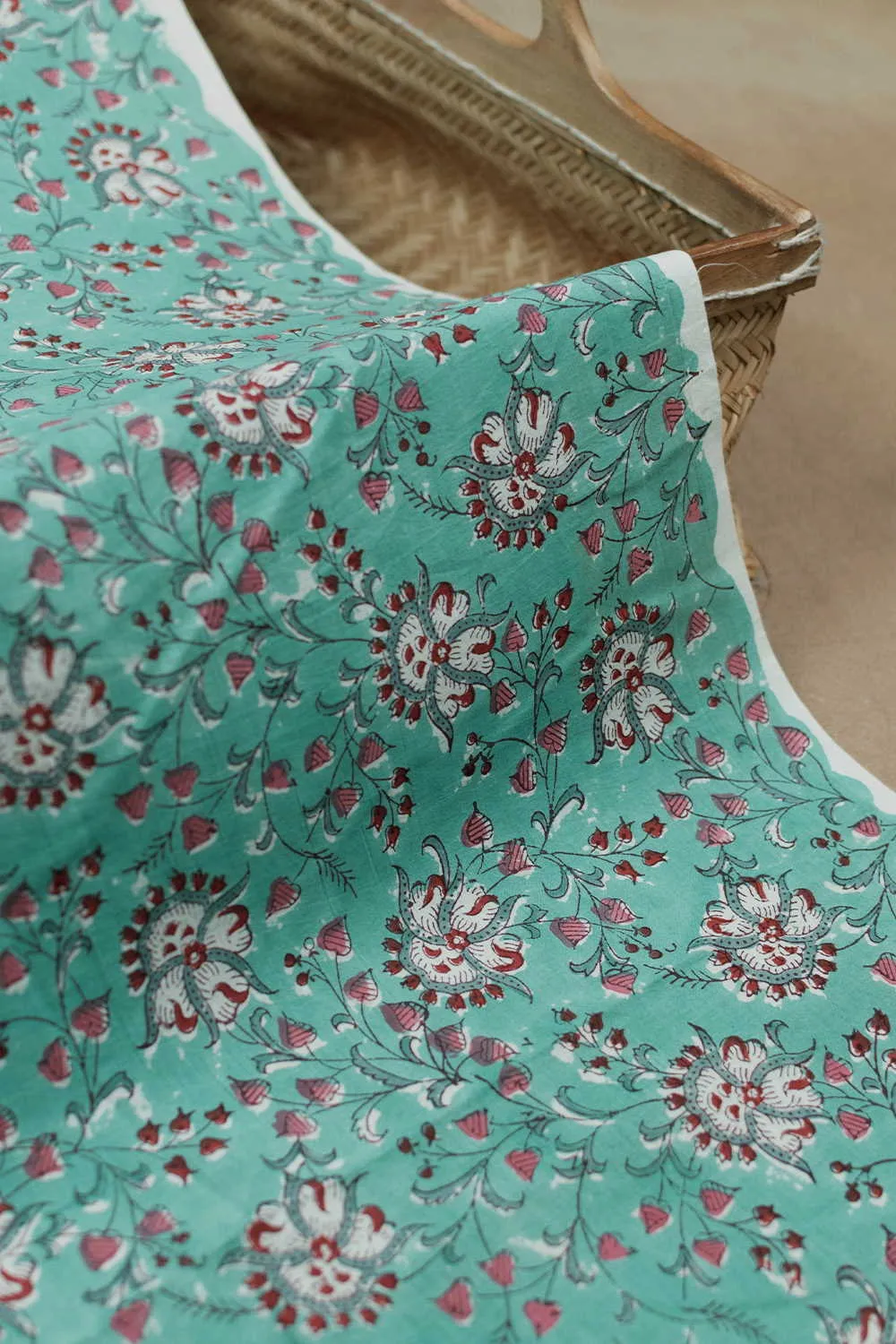 Green with Florals Sanganeri Cotton Fabric - 2m