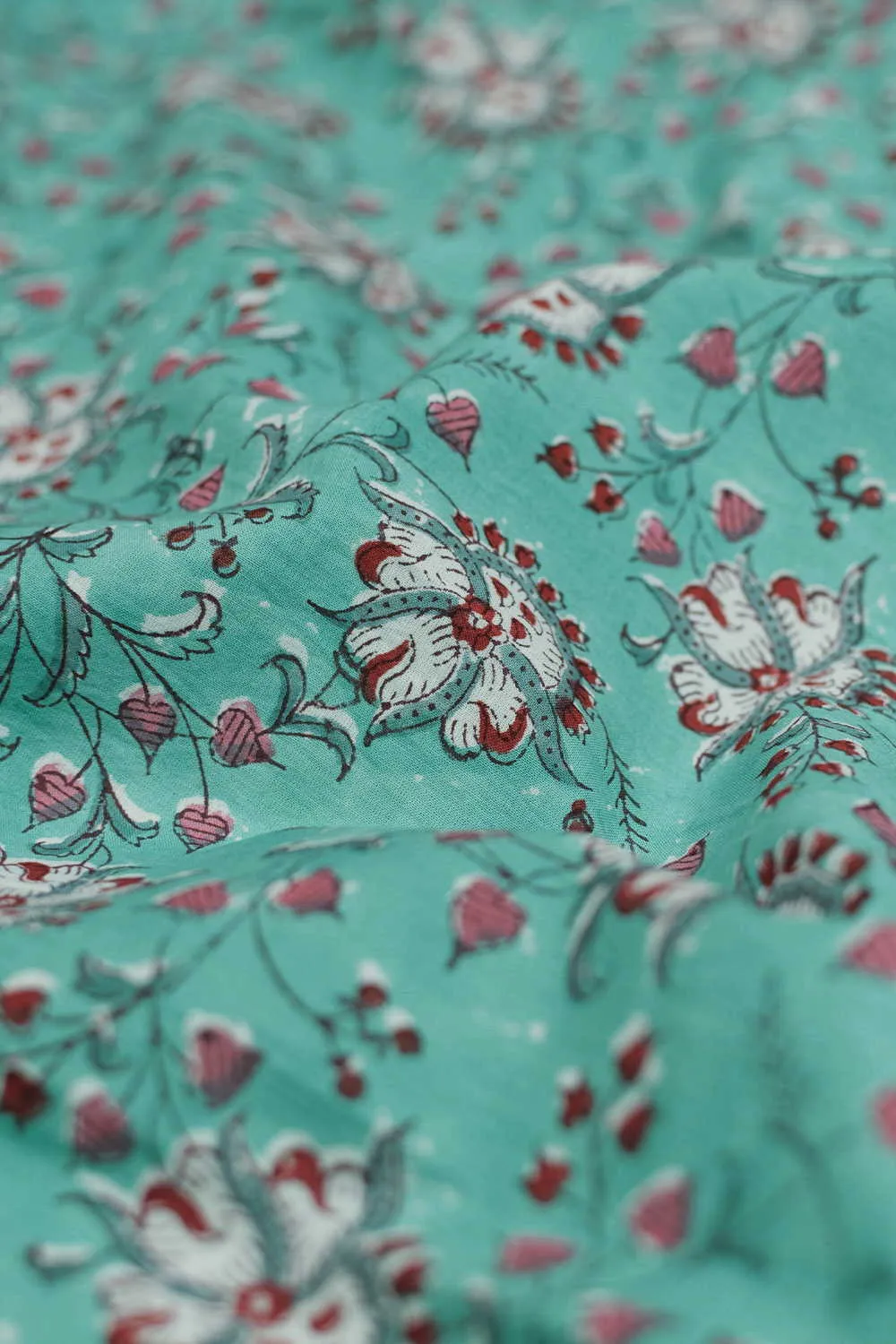 Green with Florals Sanganeri Cotton Fabric - 2m