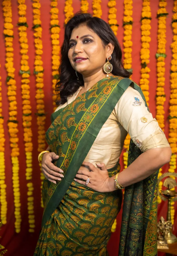 Harsha - Green Ajrakh Mulberry Silk Handloom Saree