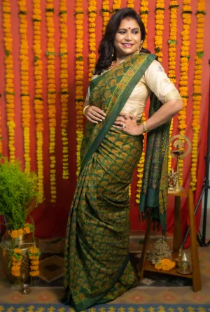 Harsha - Green Ajrakh Mulberry Silk Handloom Saree