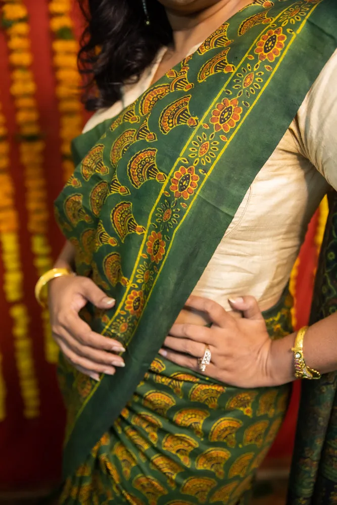 Harsha - Green Ajrakh Mulberry Silk Handloom Saree