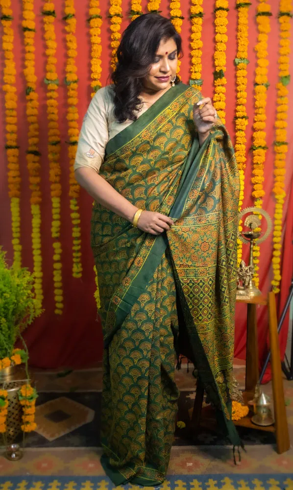 Harsha - Green Ajrakh Mulberry Silk Handloom Saree