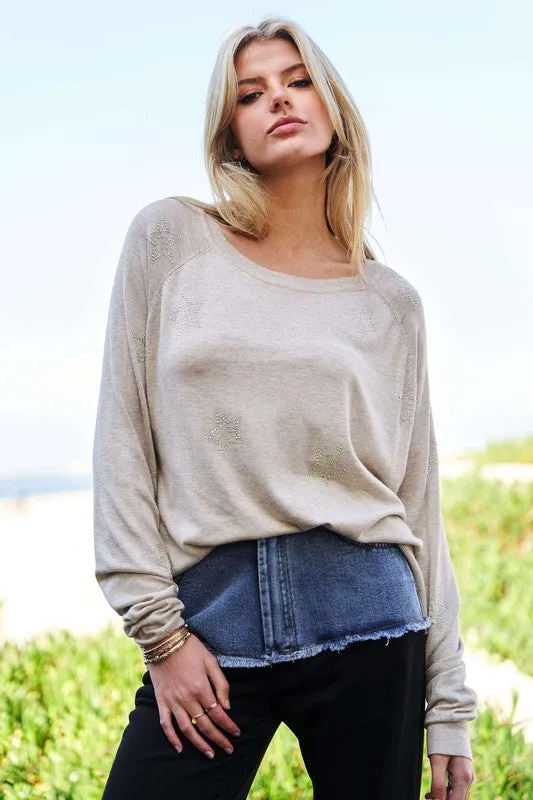 High-Low Rhinestone Star Round Neck Top