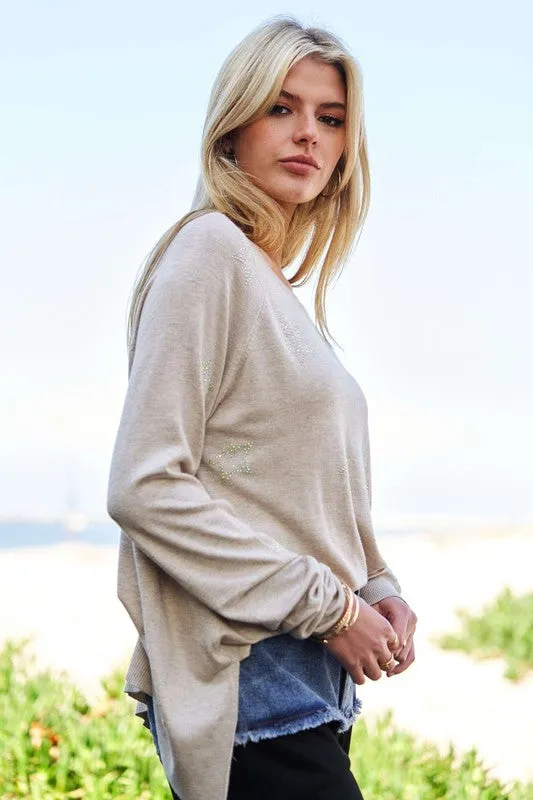High-Low Rhinestone Star Round Neck Top