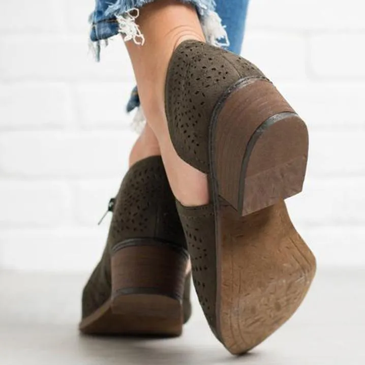 Hollow-Out Low Heel Faux Suede Zipper Ankle Boots