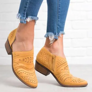 Hollow-Out Low Heel Faux Suede Zipper Ankle Boots