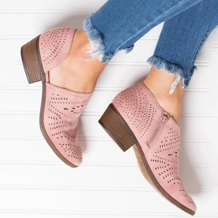 Hollow-Out Low Heel Faux Suede Zipper Ankle Boots