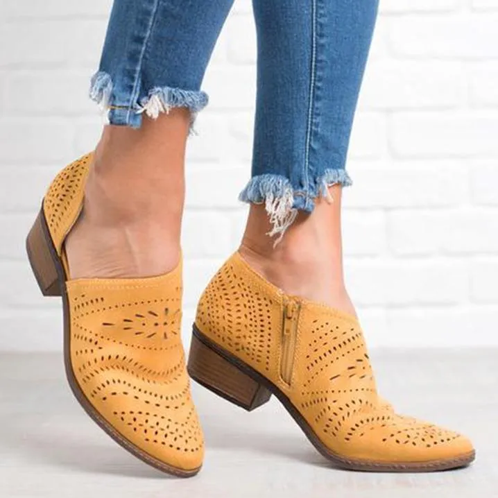 Hollow-Out Low Heel Faux Suede Zipper Ankle Boots