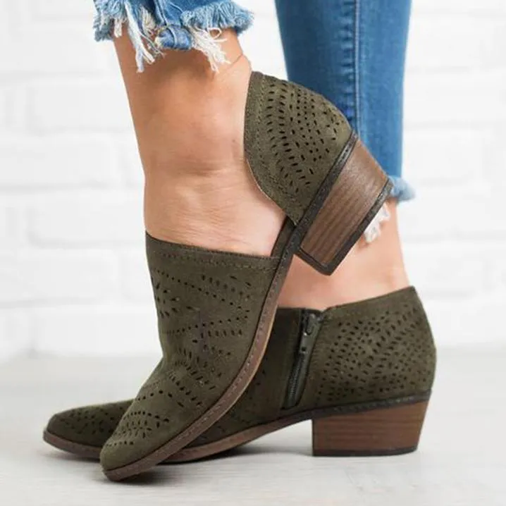 Hollow-Out Low Heel Faux Suede Zipper Ankle Boots
