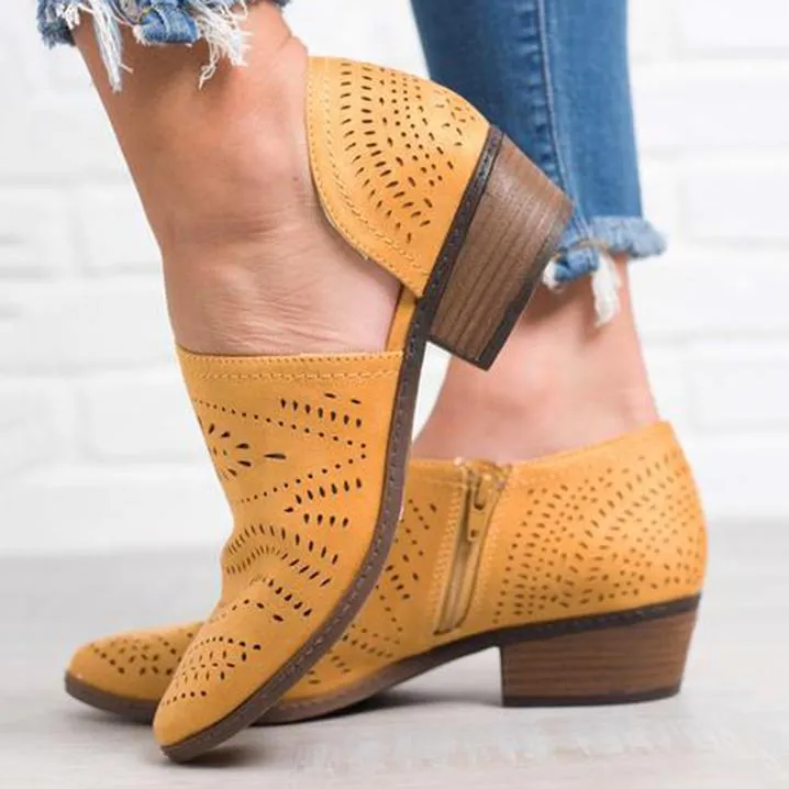 Hollow-Out Low Heel Faux Suede Zipper Ankle Boots