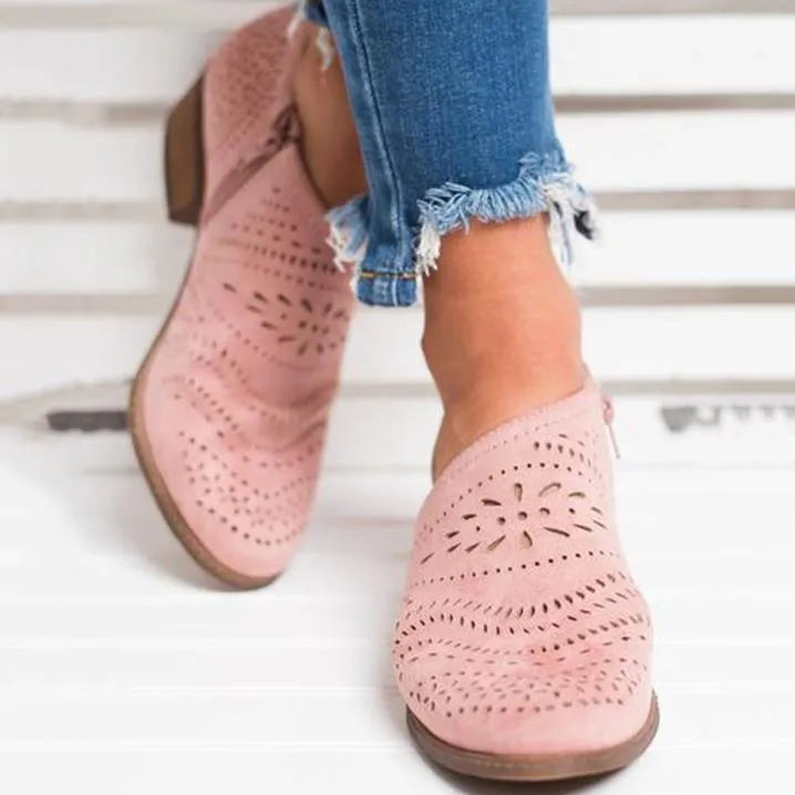 Hollow-Out Low Heel Faux Suede Zipper Ankle Boots