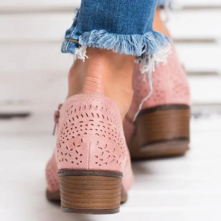 Hollow-Out Low Heel Faux Suede Zipper Ankle Boots
