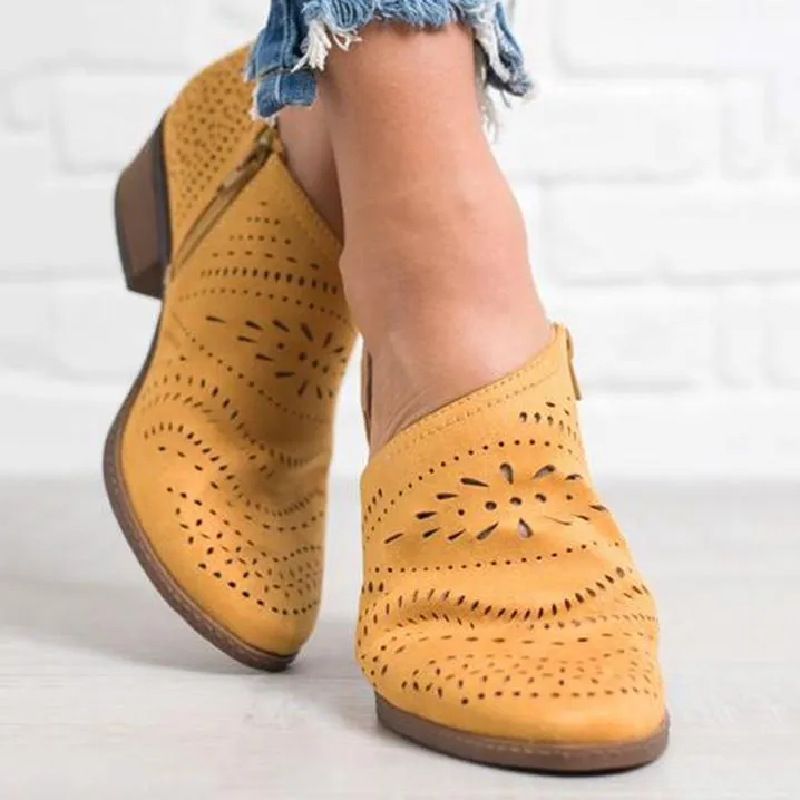 Hollow-Out Low Heel Faux Suede Zipper Ankle Boots