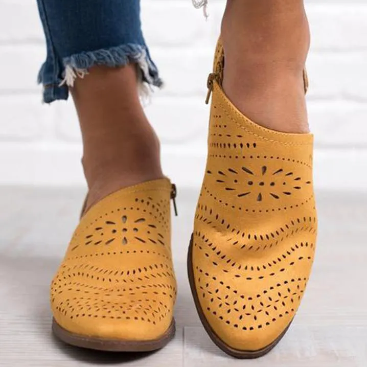 Hollow-Out Low Heel Faux Suede Zipper Ankle Boots