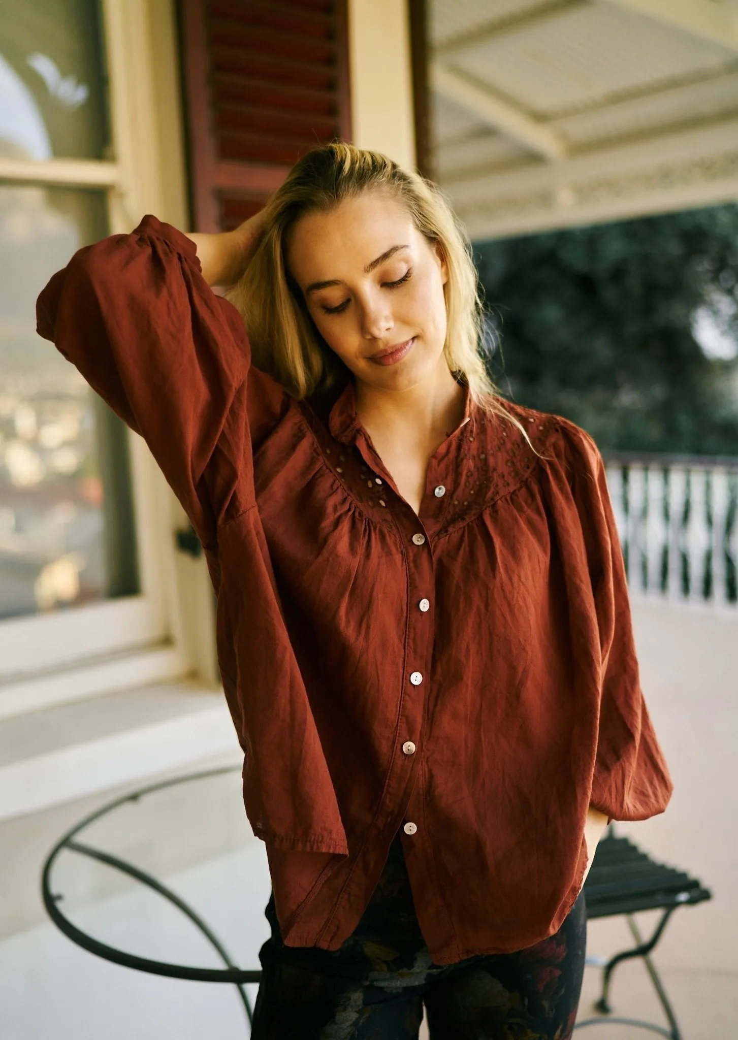 Italian Blouse with Cut out Embroidered Detail in Rust