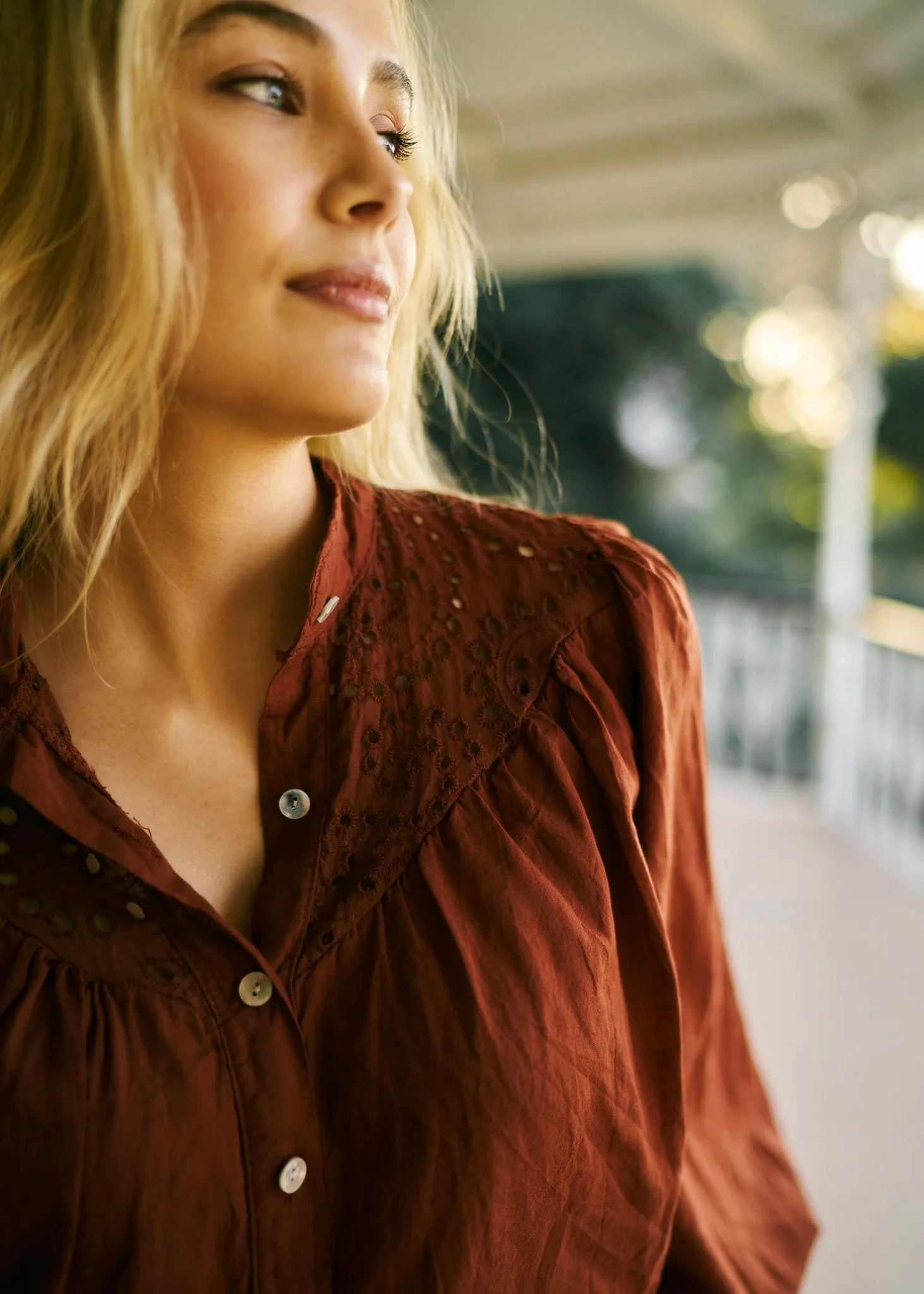 Italian Blouse with Cut out Embroidered Detail in Rust