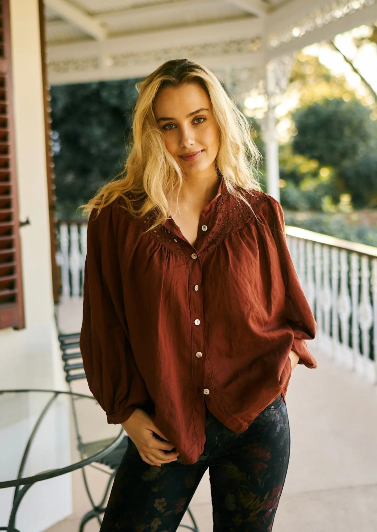 Italian Blouse with Cut out Embroidered Detail in Rust