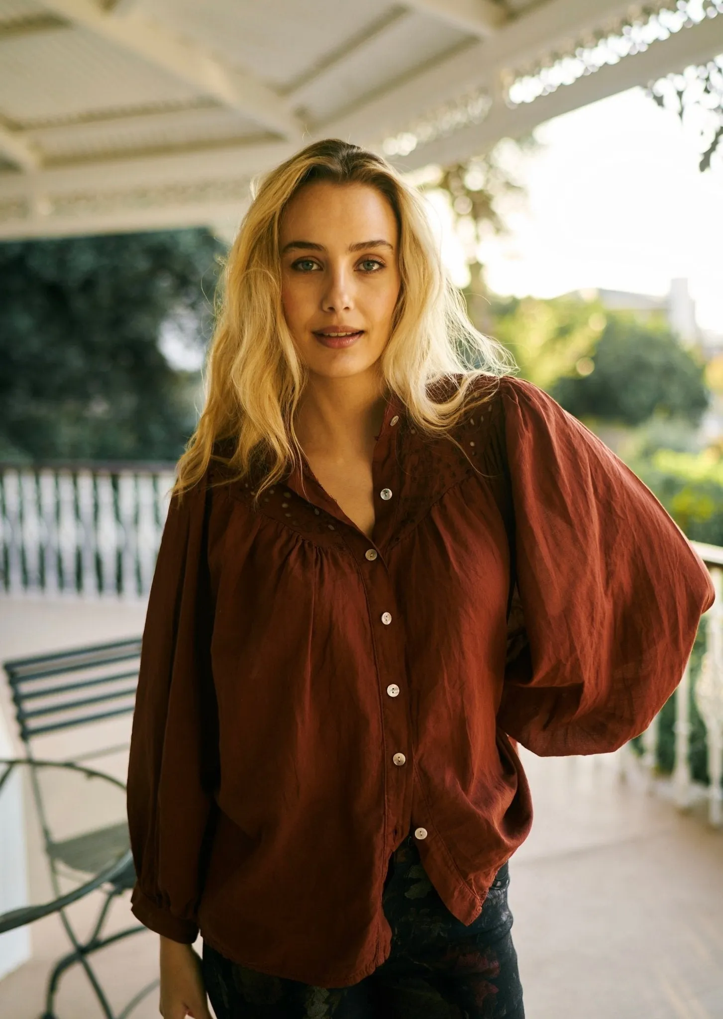 Italian Blouse with Cut out Embroidered Detail in Rust