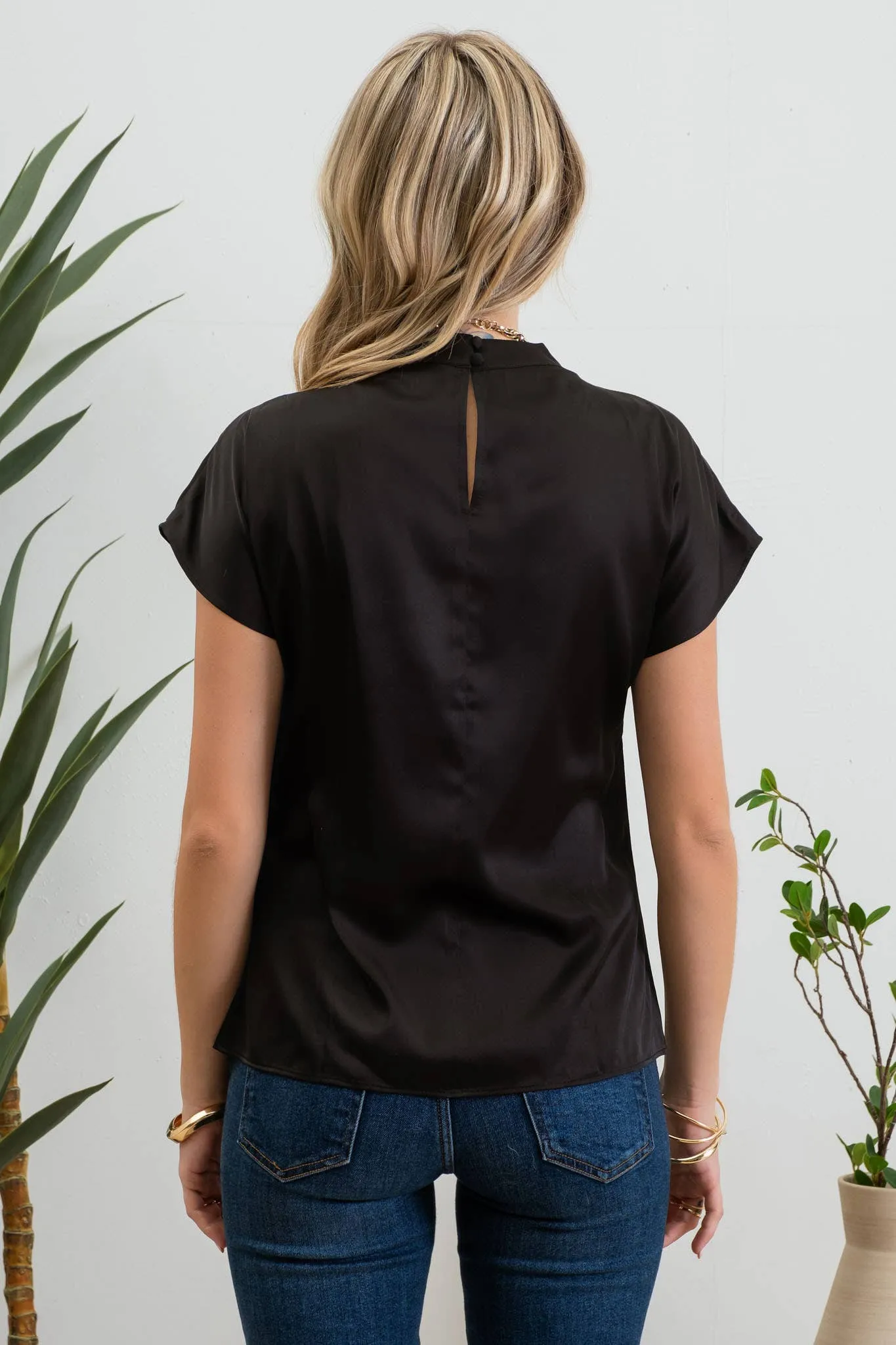 Justine Ruched Mock Neck Blouse, Black