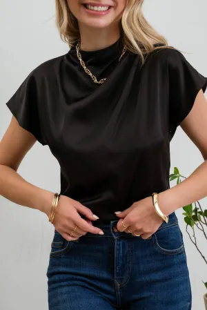 Justine Ruched Mock Neck Blouse, Black
