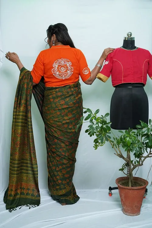 Jyotsana- Green Ajrakh Mulberry Silk Handloom Saree