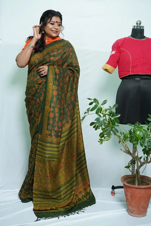 Jyotsana- Green Ajrakh Mulberry Silk Handloom Saree