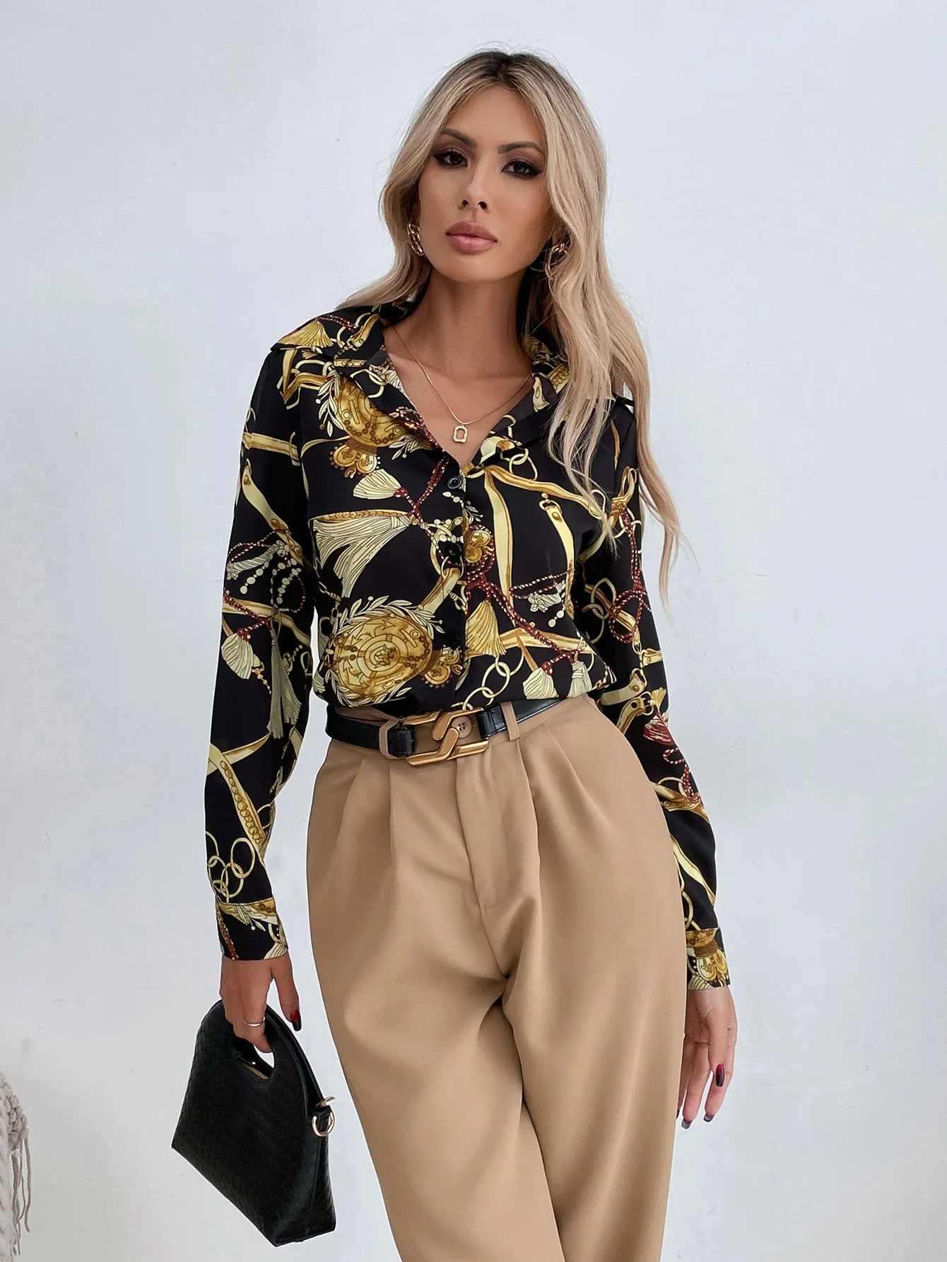 KittenAlarm - Chain Print Button Front Blouse