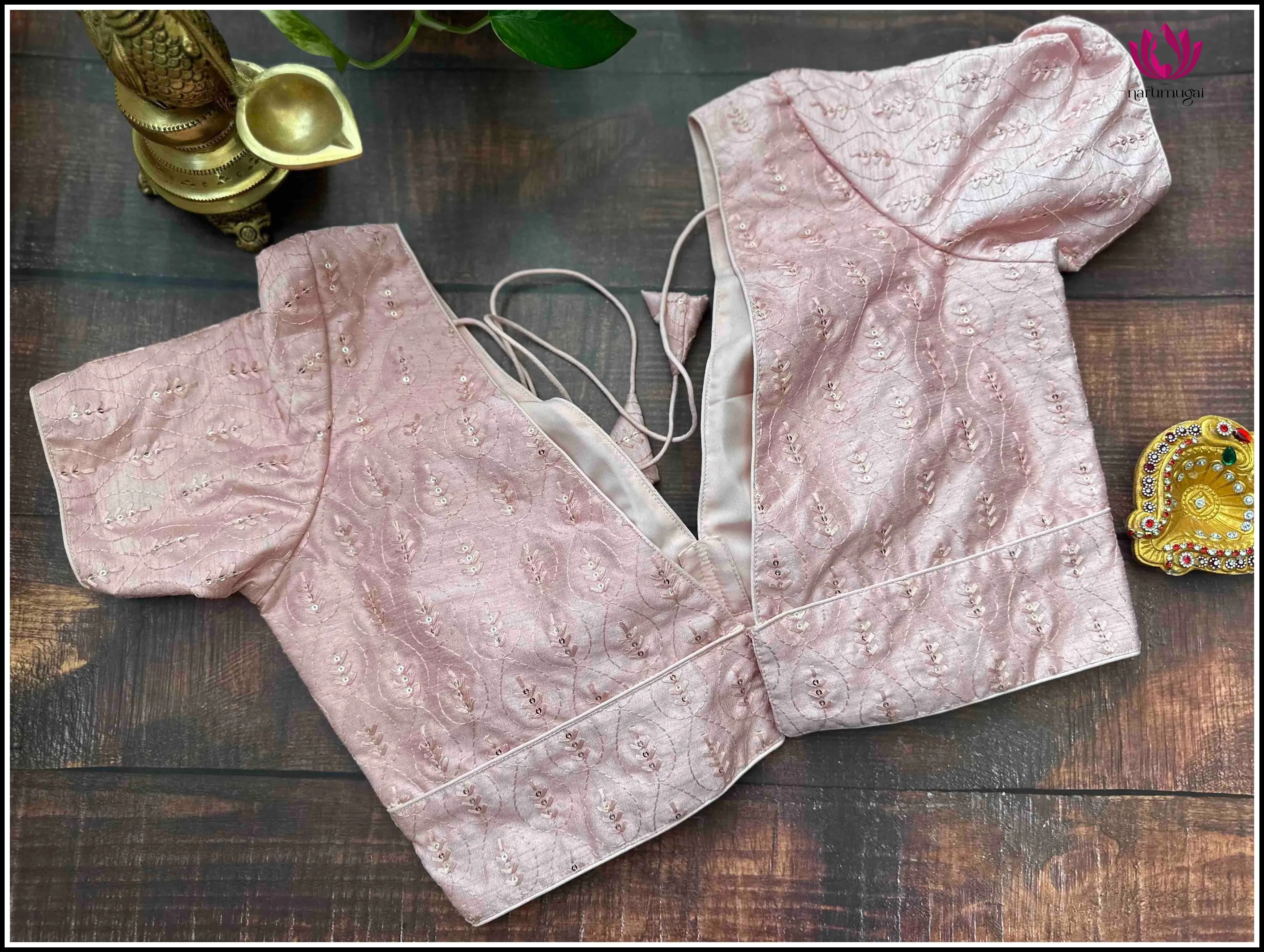 Light Pink Sequins Blouse with V Neck - Size 38