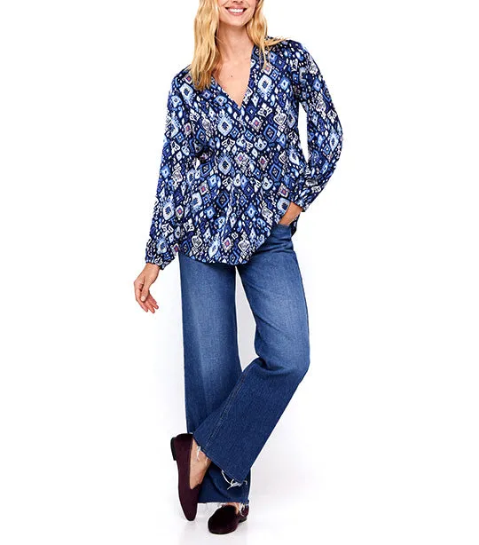 Long Satin Blouse Blue Print