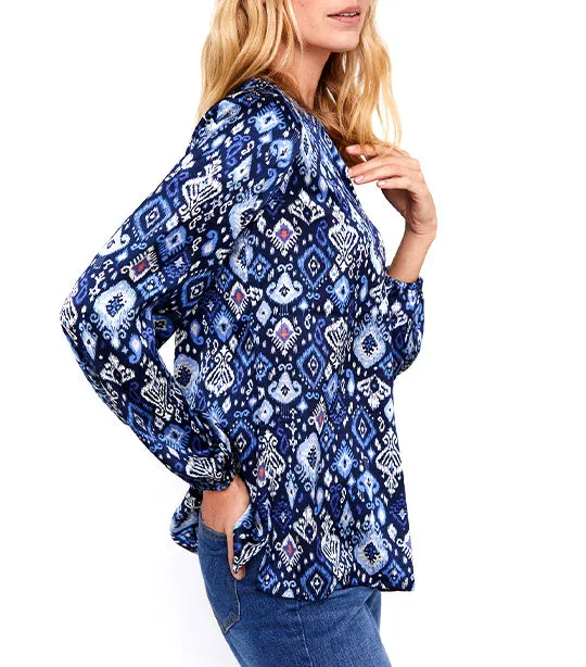 Long Satin Blouse Blue Print