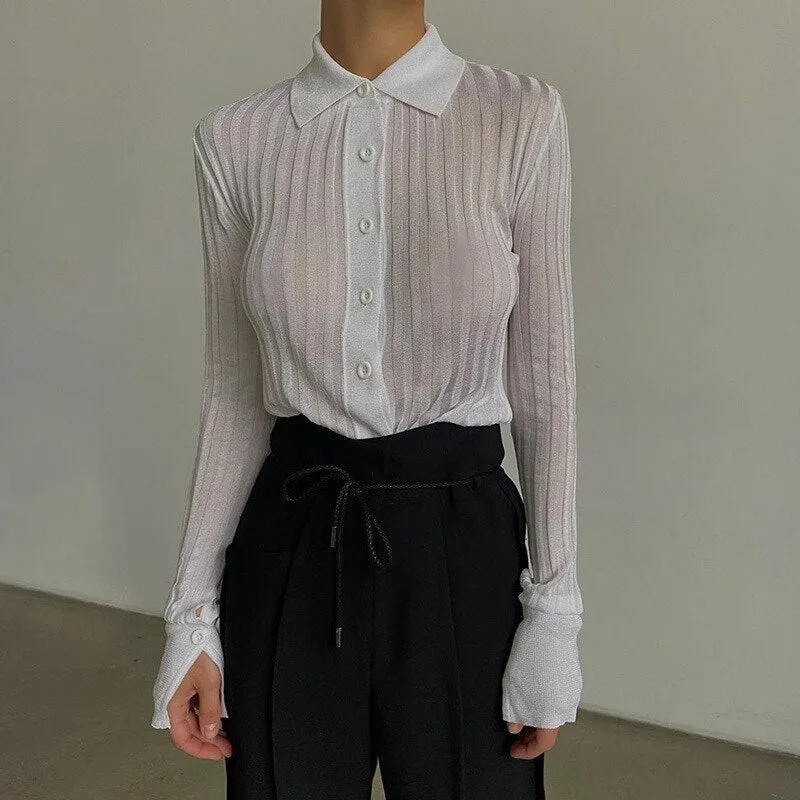 Long Sleeve Blouse | Turn Down Collar Blouses | Transparent Blouse for Women | Solid Color Blouse | Women Mesh Shirts | Girl Romantic Blouse