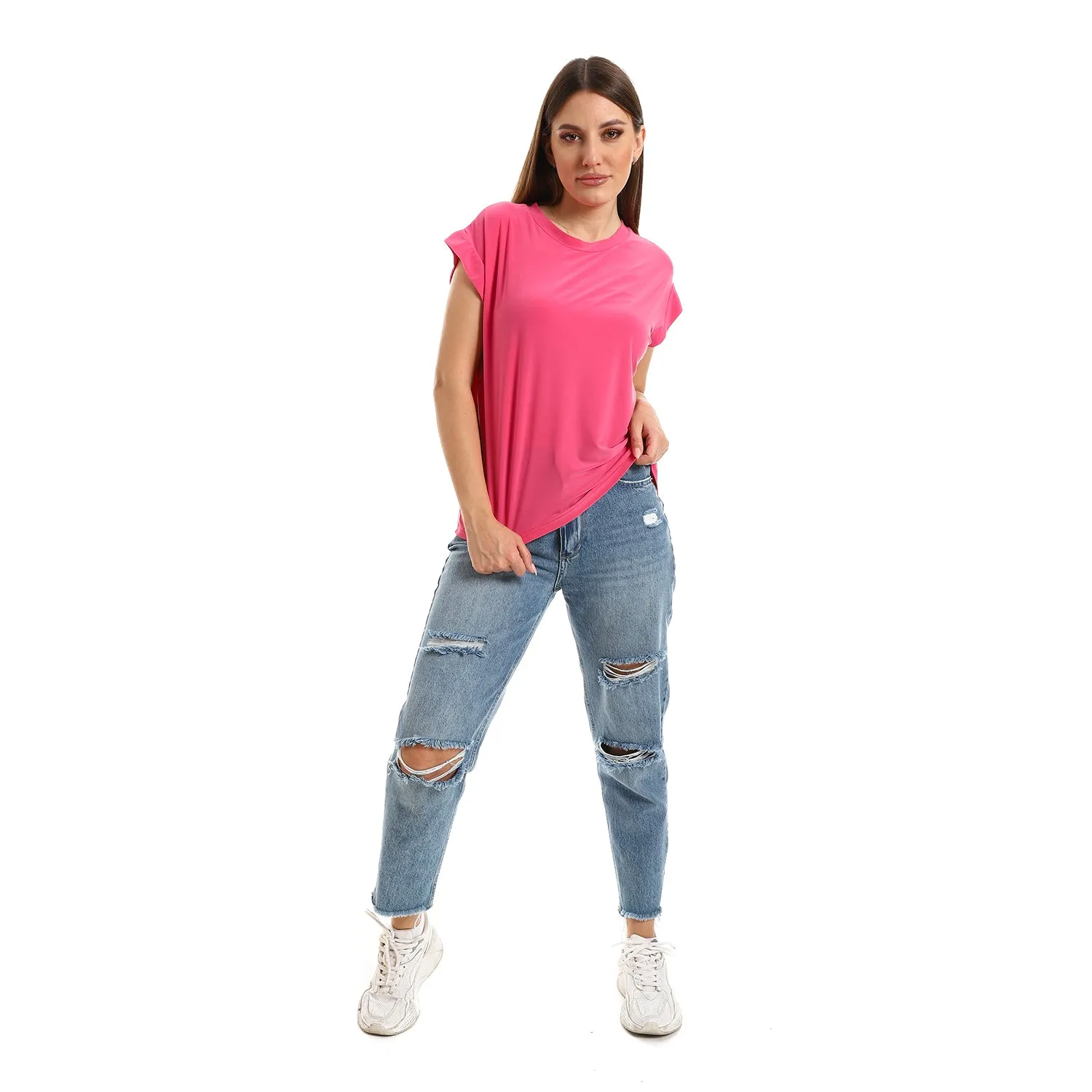 Loose Fit Sleeveless Round Neck Tee-FUSCHIA