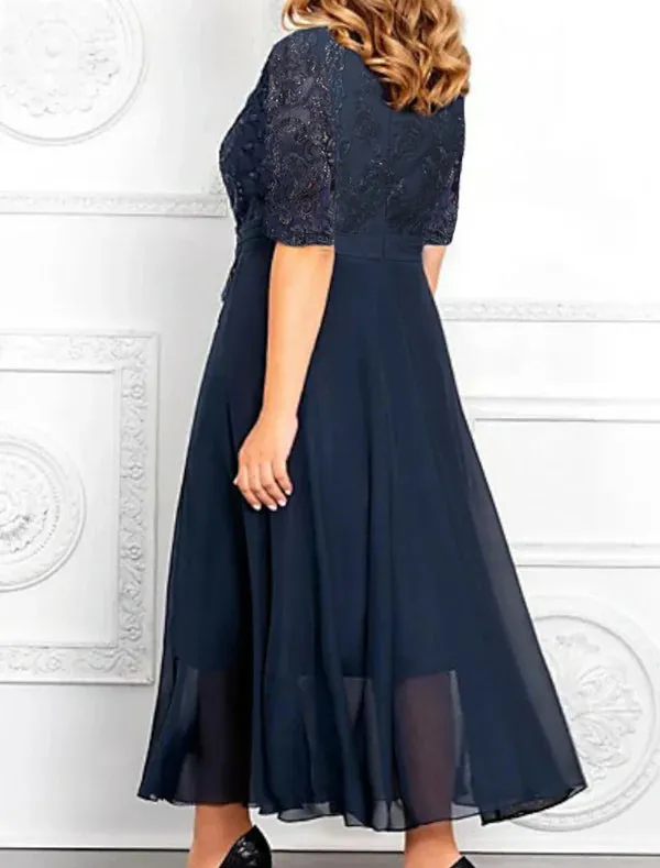 Luolandi A-Line Mother of the Bride Dress Plus Size Elegant V Neck Ankle Length Chiffon Sequined Half Sleeve with Appliques Dark Navy