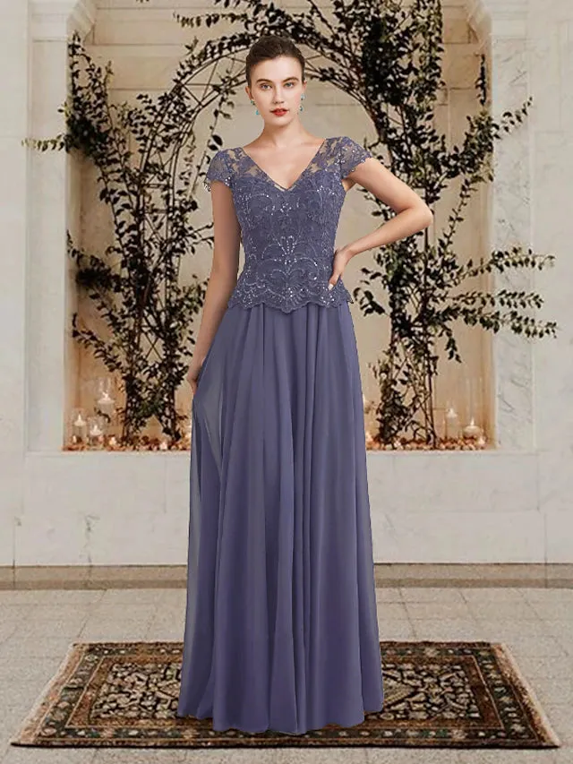 Luolandi A-Line Mother of the Bride Dress Plus Size Elegant V Neck Floor Length Chiffon Lace Sequined Short Sleeve with Appliques