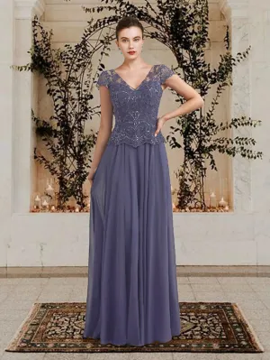 Luolandi A-Line Mother of the Bride Dress Plus Size Elegant V Neck Floor Length Chiffon Lace Sequined Short Sleeve with Appliques