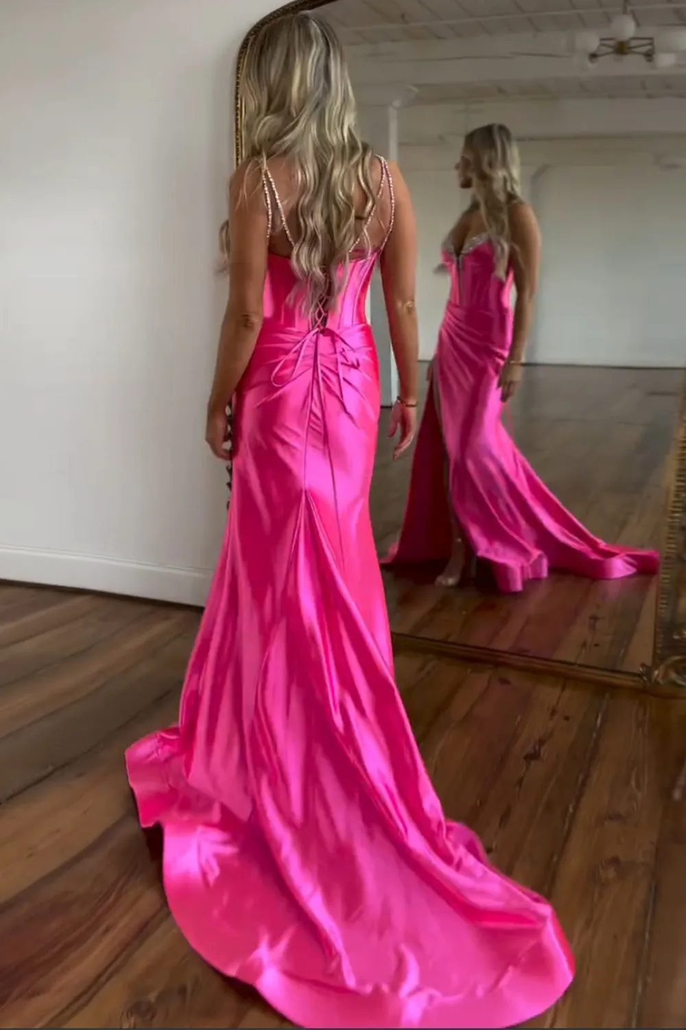 Luolandi Fuchsia Sequined Spaghetti Straps Long Prom Dress With Slit Sexy Evening Dress