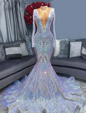Luolandi Mermaid / Trumpet Evening Gown Floral Dress Formal Chapel Train Long Sleeve V Neck African American Sequined