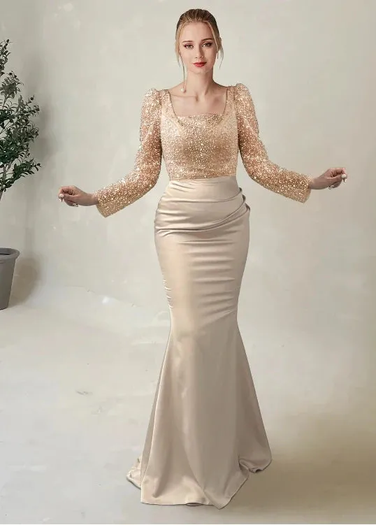 Luolandi Mermaid / Trumpet Evening Gown Formal Christmas Floor Length Long Sleeve Illusion Neck Champagne Mother Of the Bride Dress Sequined with Pearls